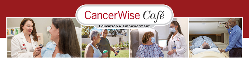 graphic with a red band and the Cancer Wise Cafe name