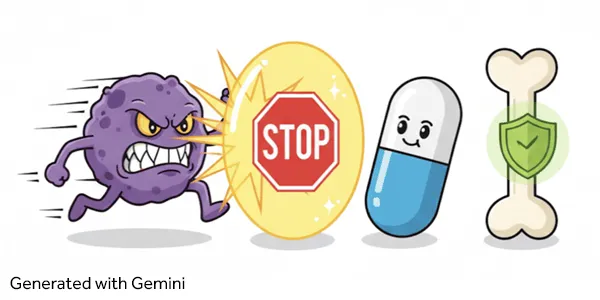 Cartoon illustration of a purple germ-like character running into a glowing shield with a stop sign, while a smiling capsule pill and a bone with a protective shield icon stand behind it, representing protection against infection.