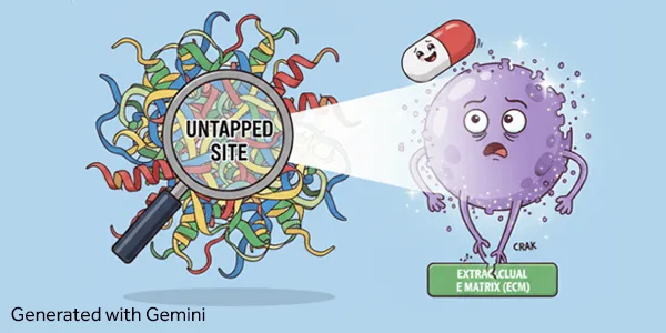 Cartoon illustration of tangled protein strands labeled “Untapped Site” under a magnifying glass, with a capsule pill targeting a surprised purple germ-like character standing on an extracellular matrix platform with visible cracks, representing targeted treatment or drug discovery.